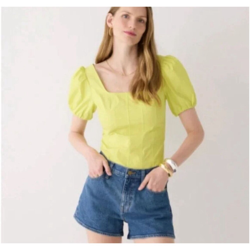J. Crew Lemon Sorbet Puff Sleeve Square Neck Cotton Poplin Blouse Top Size 4